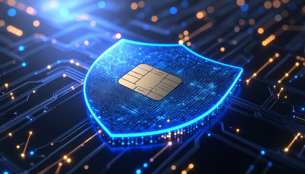 Cyber Security Shield: A radiant blue shield, the embodiment of digital protection, emblazoned with a miniature circuit board, safeguarding a complex network of circuits and data.