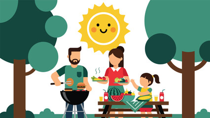 Family cooking and enjoying a summer barbecue outdoors. Ideal for lifestyle themes, relaxing holiday memories, and family celebration visuals