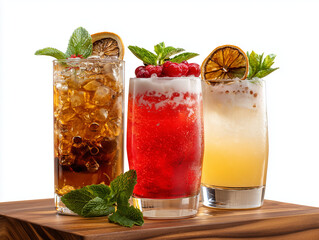 Colorful bright alcoholic cocktails in glasses on a bar counter isolated on white background