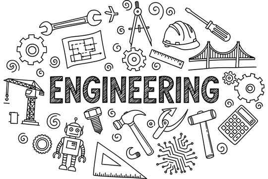 Engineering concepts: tools, structures, and innovation in black and white line art