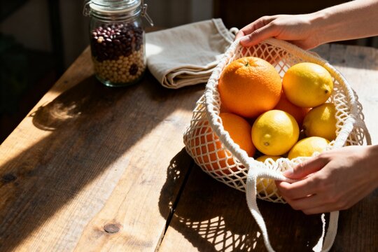 Hands holding a reusable mesh shopping bag full of fresh oranges and lemons in a sunny kitchen, zero waste concept, generative AI