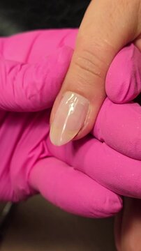 Manicurist applying soft pink acrylic gel polish on nails in vertical close-up. nail technician in gloves applying gentle pink acrylic gel polish to client's nails. Professional care for female hands