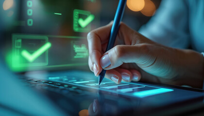 Woman uses stylus on digital screen for document approval and quality check. Businesswoman interacts with virtual checklist, confirming tasks on futuristic interface. Digital workflow management.