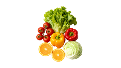 Colorful arrangement of fresh vegetables and fruit on a white background showcasing healthy eating options