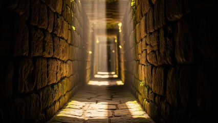 Mysterious ancient stone tunnel with light beams and glowing dust particles