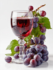 Red wine in a glass with grapes isolated on white background