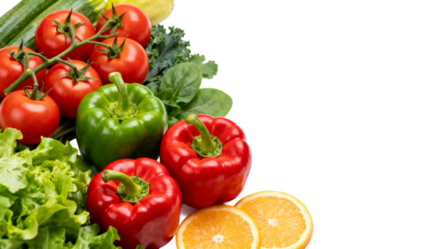 Bright and colorful assortment of fresh vegetables and fruits arranged on a white background