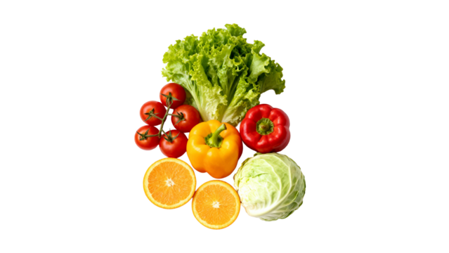 Colorful arrangement of fresh vegetables and fruit on a white background showcasing healthy eating options