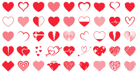 Heart icons set. Red heart icon collection. Romantic, broken, cupid, medical, pixel, outlined, and textured designs. Hand drawn hearts. Isolated vector icons.