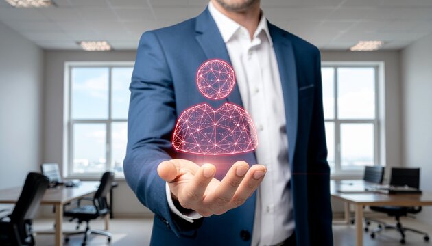 Digital Avatar in hand: A professional business person is showing digital avatar symbol, representing a concept of modern technology, social networking, and virtual connections.