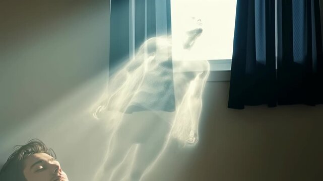 Deathbed vision: human soul flight, body repose, sacred crossing, angel encounter, spiritual farewell, eternal passage, divine light, peaceful ending, soul ascent, heavenly guidance, last moment