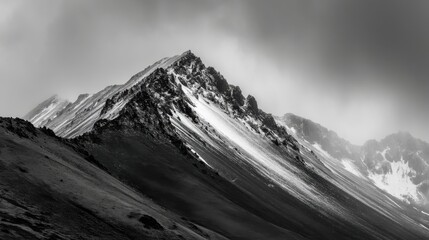 Majestic Black and White Mountain Peak with Dramatic Clouds and Snow-Capped Summit in a Remote Wilderness Landscape