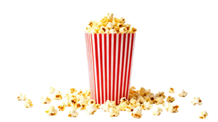 Delicious popcorn in a red and white striped container with scattered pieces around