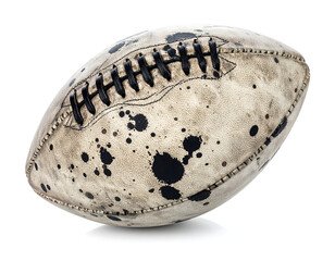 Old used leather American football with black spots white isolated generative AI
