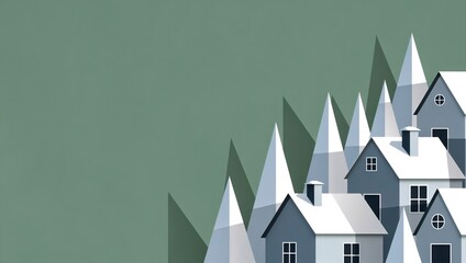 Minimalist illustration of a winter village with snow-covered houses. Geometric real estate and community concept with abstract trees. Modern background with copy space for text