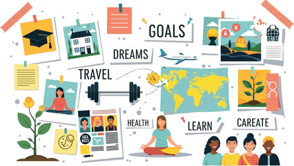 Vision board inspiring dreams of travel, health, learning, and career growth