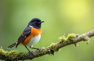 Fototapeta premium Male Common Redstart bird perches on mossy tree branch in natural green environment. Colorful songbird displays black head, orange chest, white belly. Wildlife in forest during spring season.
