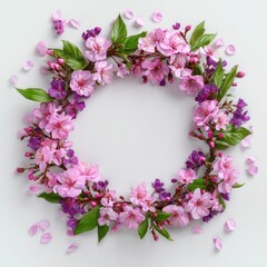 Floral Wreath - Pink  Purple Blossoms on White Background, Delicate Petals.