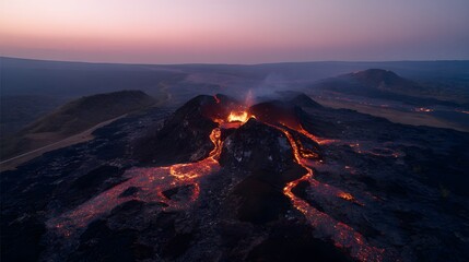 Fototapeta premium Volcanic twilight reveals flowing lava across a rugged landscape dramatic nature scene