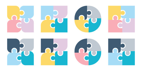 Four interlocking puzzle pieces in different colors, symbolizing teamwork, problem solving, connection, strategy set