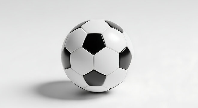 A classic black and white soccer ball on a plain white background with a soft shadow underneath it ai generated