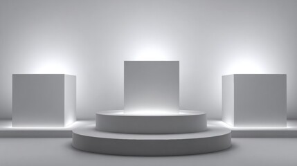 Fototapeta premium Minimal Grey Geometric Platforms With Glowing Edges in an Empty Space Create a Modern and Serene Environment