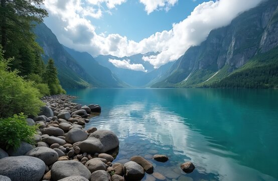 Beautiful mountain lake with clear turquoise water surrounded by green valley cliffs. Rocky shore with stones, forest on sunny summer day. Scenic Norwegian fjord landscape with cloudy blue sky