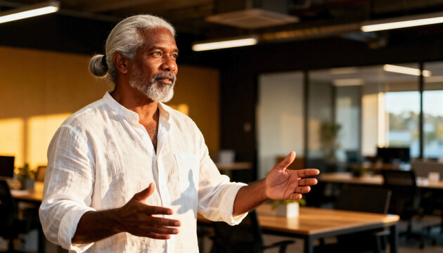 Confident senior professional man with gray hair speaking in a modern office. Experienced black business leader giving a presentation during golden hour