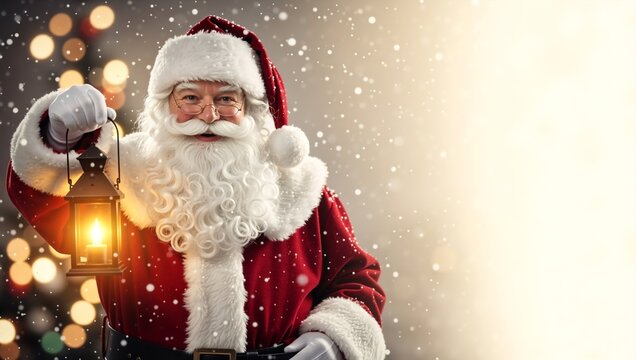 Smiling Santa Claus holding a glowing lantern in the snow. Festive Christmas holiday portrait with bokeh lights background. Merry Christmas concept with copy space