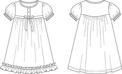 Girl’s puff sleeve dress technical flat sketch, front and back view, ruffle hem, cad drawing, vector illustration, garment design
