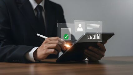 Businessman using tablet with digital interface and green checkmark