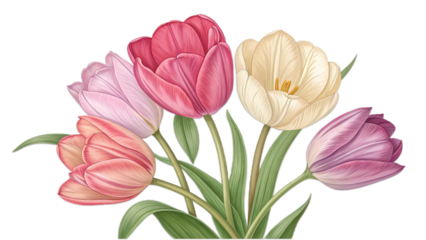 “Tulip flower bunch vector, smooth shading, botanical style, isolated transparent.”
