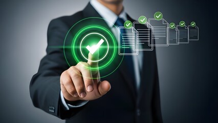 Businessman approving digital documents with green checkmark interface