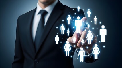 Businessman touching hologram of people network human resources concept