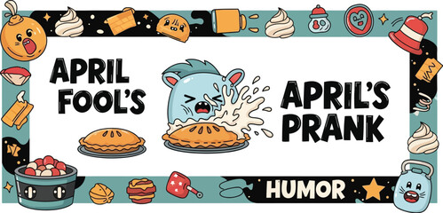 Funny April Fool's Day prank with a pie to the face and playful cartoon characters