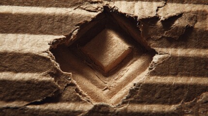 Textured cardboard features a diamond-shaped cutout, revealing inner layers and showcasing the craftsmanship of recycled materials in a creative and artistic manner