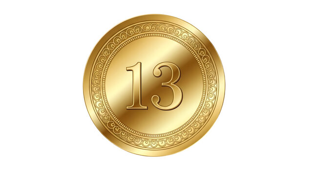 gold coin isolated on whiteGold Coin 13 &ndash; Shiny Gold Currency Coin with Intricate Rim, Collectible/Investment Memorabilia

