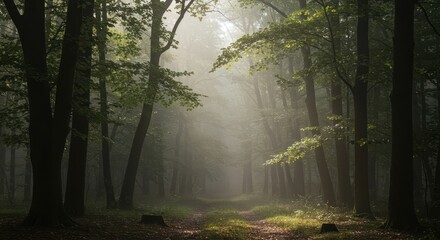 Fototapeta premium Misty morning light filters through a dense, ancient forest canopy, highlighting the wild, undisturbed woodland environment, trunk, towering, tranquil