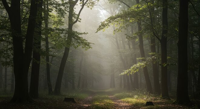 Misty morning light filters through a dense, ancient forest canopy, highlighting the wild, undisturbed woodland environment, trunk, towering, tranquil