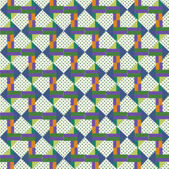 Vibrant Abstract Geometric Interlocking Shapes Seamless Pattern. Colorful  geomatrical artwork. Design used for fabric, fashion, wallpapers, backgrounds, textiles print, flooring, pottery, and covers.