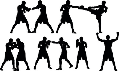 Boxing silhouettes in action poses showing fight, kick, block, and victory gestures for martial arts, sports, and fitness themes.