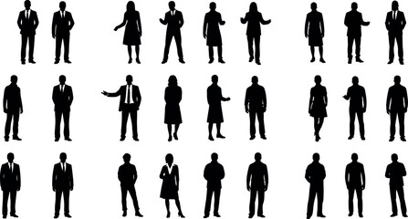 Business people silhouette set in formal attire, standing poses for corporate design, team concept, leadership, diversity, and presentation use.
