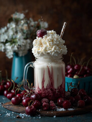 Milkshake with whipped cream and cherries in a glass on dark rustic background