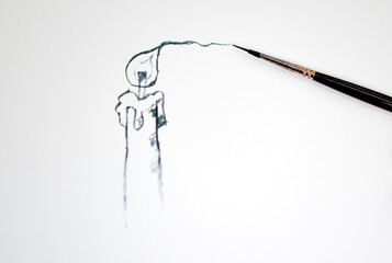 Graphik einer brennenden Kerze mit einem Pinsel und Tusche gemalt