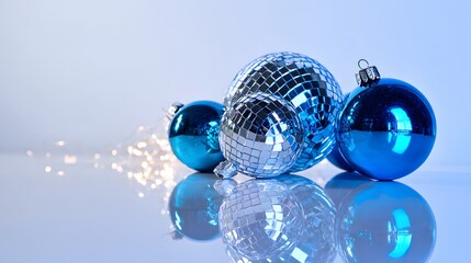 Festive blue ornaments and disco balls evoke elegant holiday cheer in a modern still life composition