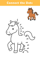 Dot to Dot Worksheet for Kids. Connect the dots to draw a cute horse. Illustration of horse. Coloring page.	