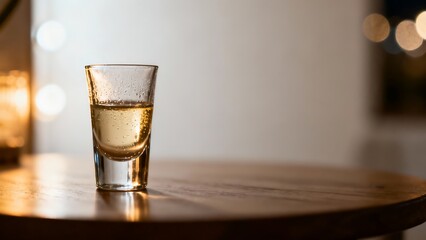 A glass of tequila with water drops rests on a minimalist wooden table. Golden bokeh blur in the background. The atmosphere is luxurious and tranquil.