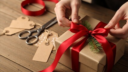 Woman's hands tying a red ribbon bow on a Christmas gift box. Holiday present wrapping with kraft paper and fir branch on a wooden table. Festive preparation for a celebration