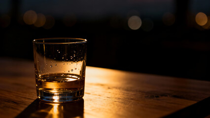 A whiskey glass with water drops is placed on a wooden table. Golden bokeh lights blur on a black background. The atmosphere is luxurious and quiet.