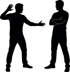 Silhouette of two men in conversation with expressive body language, showing disagreement, communication, and psychological interaction in social context